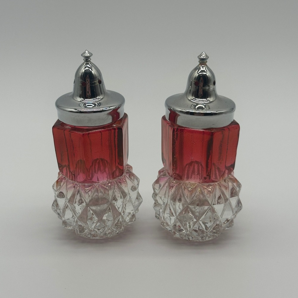 INDIANA GLASS RUBY RED KINGS CROWN DIAMOND POINT FLASH SALT PEPPER SHAKER SET